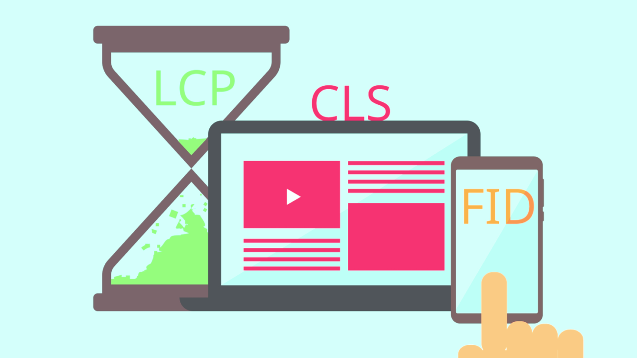 “Illustration showing Core Web Vitals — LCP, CLS, and FID — represented on an hourglass, laptop, and smartphone to explain website performance metrics.”